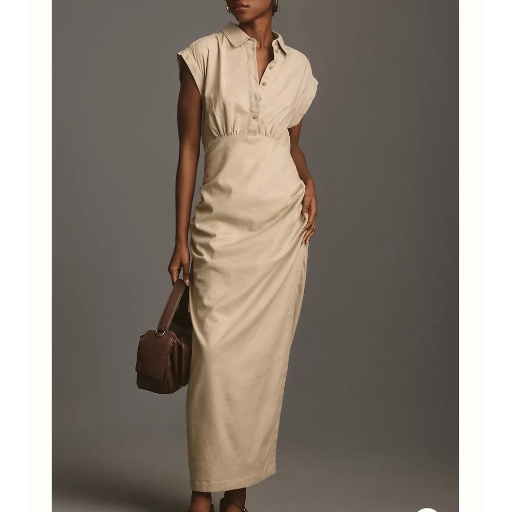 By Anthropologie L Cap-Sleeve Ruched Slim Midi Dress Khaki Linen Lined